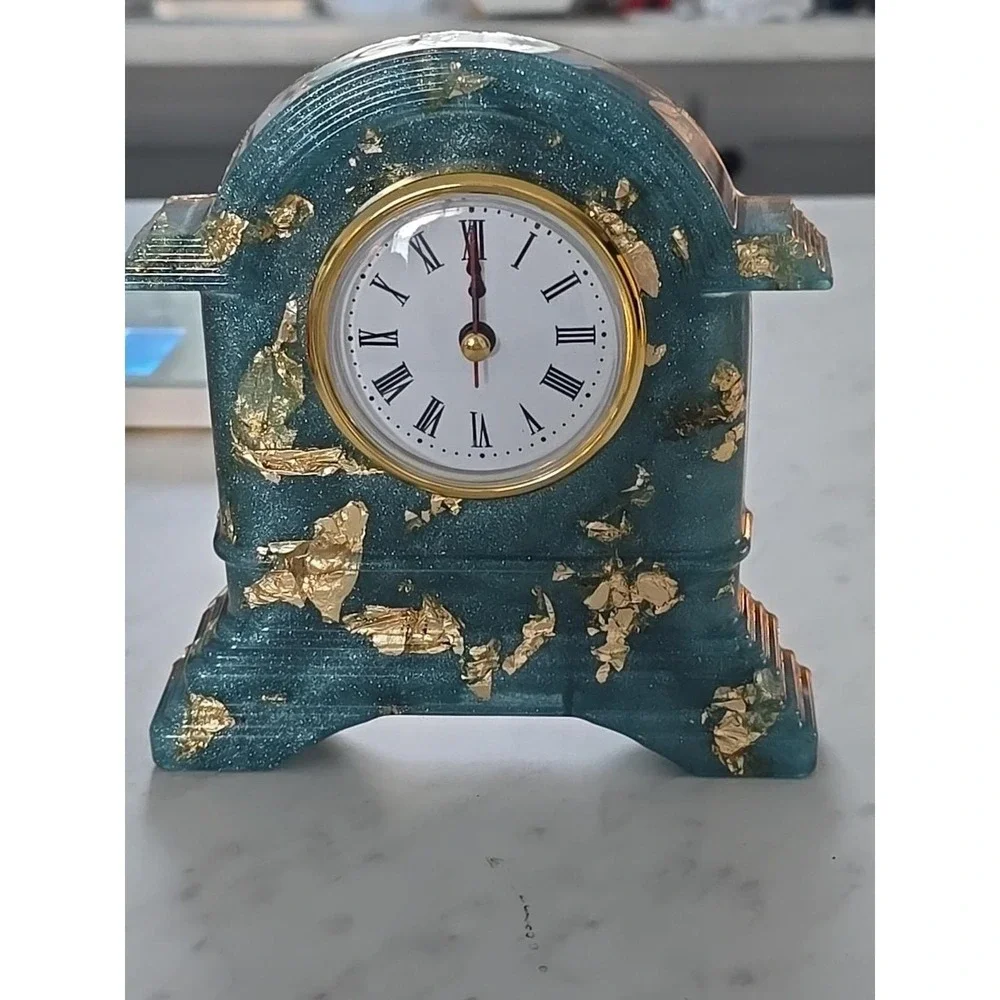Handmade Resin Desk Clock Decoration Gift  Blue With‎ Gold Leaf 728